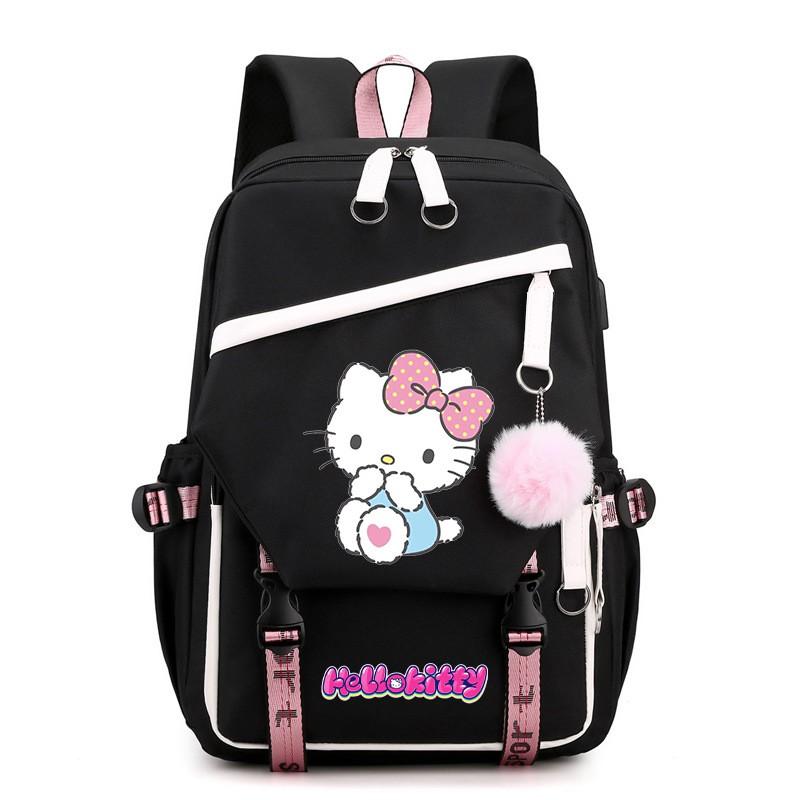 Kitty Cartoon School Backpack Teen Girls Kids Lightweight Oxford Fabric Bookbag With Padded Shoulder Straps 20-35L Capacity