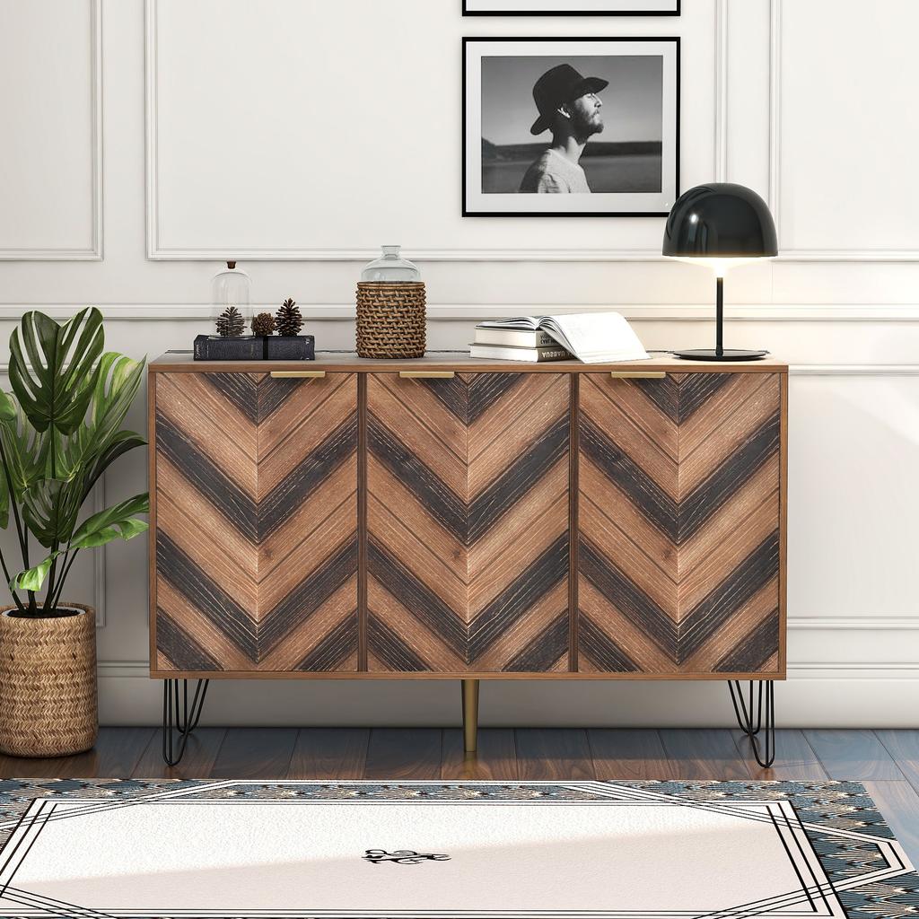 Exclusive sideboard with three doors, with stylish details and generous storage space. Door made of solid wood veneer, concave and convex texture.
