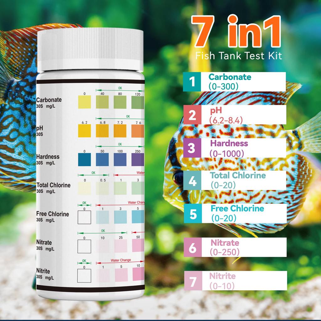 Wancheng Biology 7-в-1 Тест-полоски для аквариума и пруда на остаточный хлор и pH