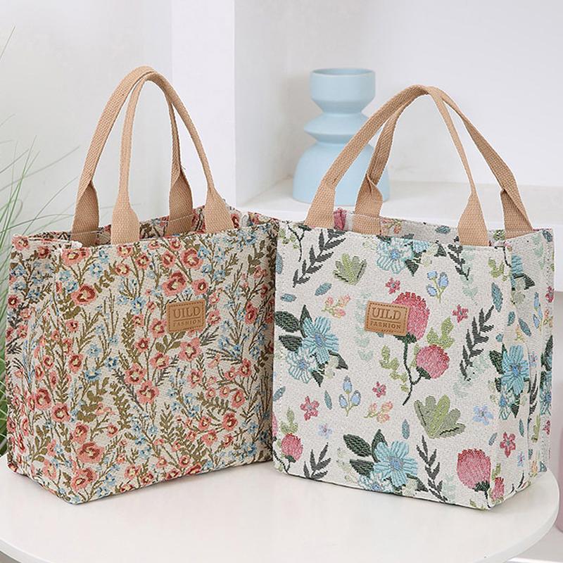 Aesthetic Floral Print Lunch Bag Large Capacity Lunch Handbag For School Work Travel Picnic Portable Mother'S Bag