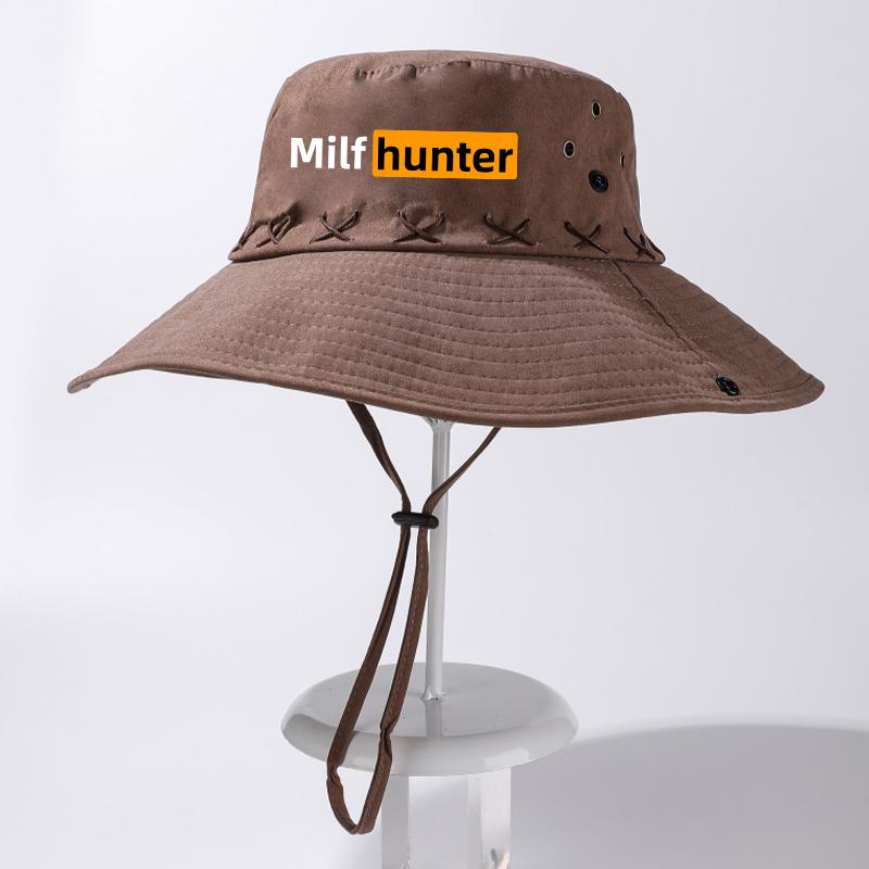 Принт Milf Hunter Ретро Шляпа для Походов на Открытом Воздухе Мужская 10 см Широкие Поля Шляпа от Солнца Защита от УФ Излучения Рыбалка Сафари Кепка Фиксированный Веревочный Ремешок Панама