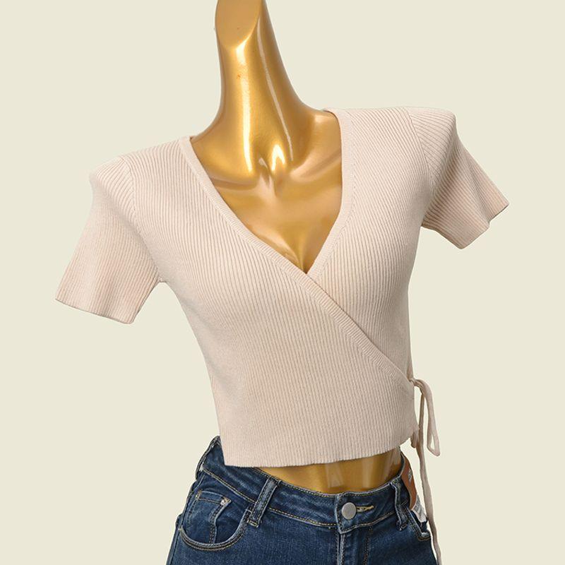 American Style Cross V-neck Side Waist Lace Up Slim Fit Short T-shirt Sexy Summer Short Sleeve High Elastic Midriff-Baring Top Women