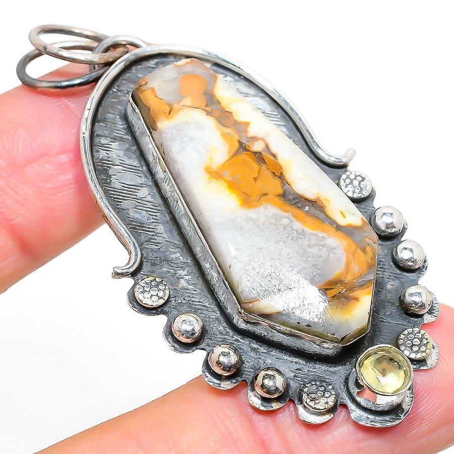 Mud Crack Fossil,Citrine 925 Sterling Silver Jewelry Pendant 2.52" e6U77