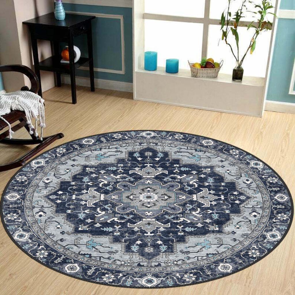 Vintage Blue Medallion Floral Oriental Persian Non Slip Round Rug Traditional Farmhouse Entryway Decor Floor Carpet