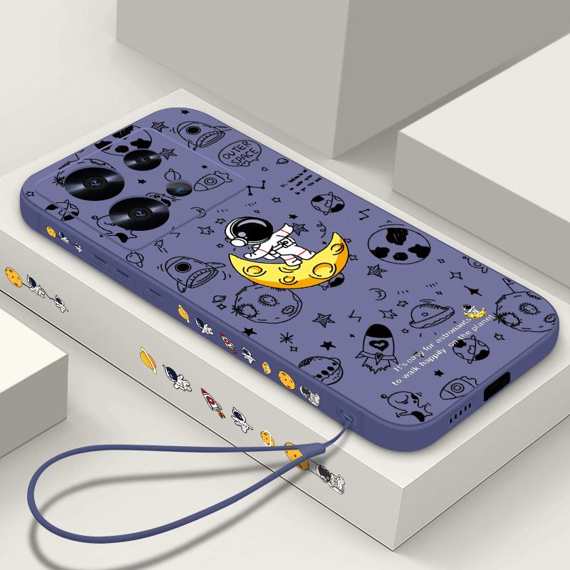 Ударопрочный мягкий ТПУ чехол для Xiaomi 14T 13t 11t Poco F3 X6 X5 Pro Redmi Note 13 12 11 14 Pro Подставка Луна Принт Астронавт Тонкий чехол со шнурком