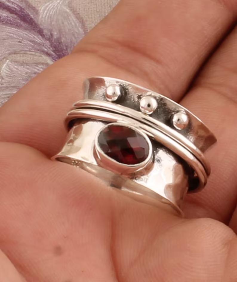Spinner Band 925 Серебряное кольцо Красные ювелирные изделия с гранатом Заявление Кольцо Бохо Кольцо Женское кольцо Серебряные украшения Кольцо унисекс