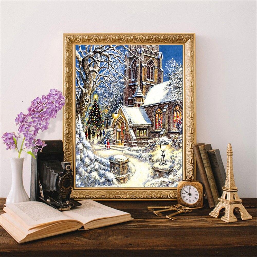 Полный дрель Алмазная картина Дом Алмазная вышивка Зимний пейзаж Мозаика Рождественские украшения Настенное искусство