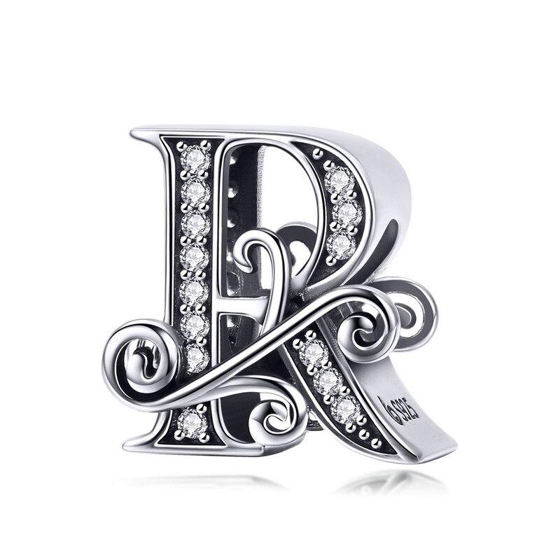 Bamoer Authentic 925 Sterling Silver Vintage Letter A To Z Zircon Bead Charms Fit Original Charm Bracelets DIY Jewelry