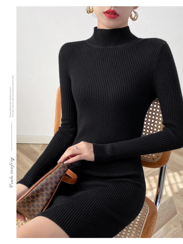 Женское облегающее платье-свитер с воротником-стойкой, длинное трикотажное сексуальное облегающее платье, базовое повседневное платье для женщин