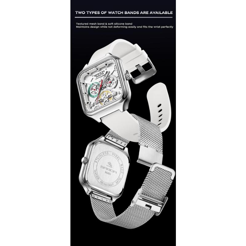 Luxury Men's Quartz Watch Fashion Square Case Week Date Display Waterproof with Silicone/Mesh Band Casual Wristwatch for Men