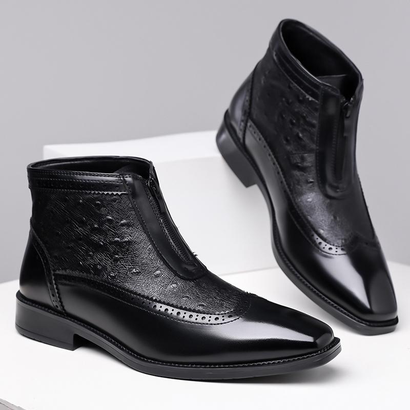 2026 Men's Business Casual Ankle Boots - Genuine Leather with Side Zipper&Brogue Perforations, Breathable Lining for Urban Style