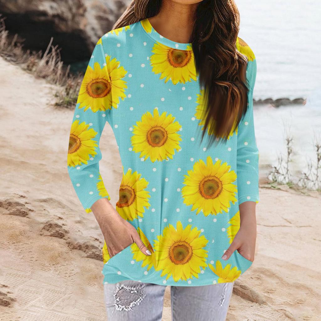 Женская модная повседневная футболка с карманом и круглым вырезом с рукавами 3/4 и топом