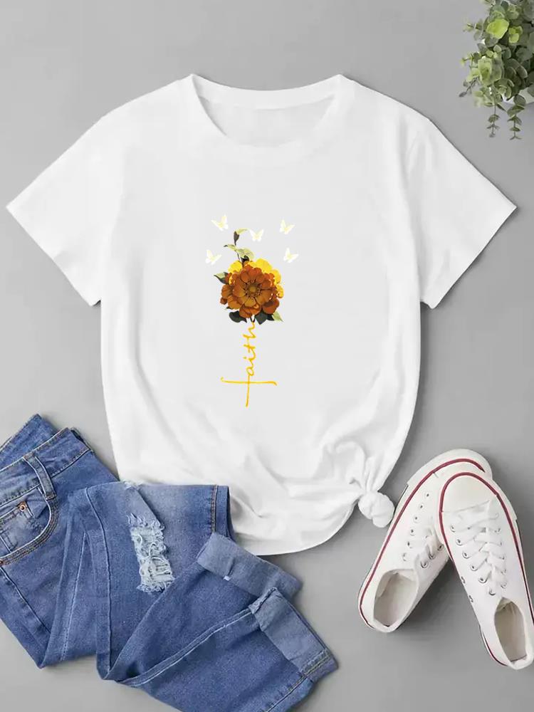 (Азиатский размер) Женская модная футболка Faith Love Trend, милый стиль, модная футболка с короткими рукавами, одежда с принтом, женская повседневная футболка, женские футболки с графикой