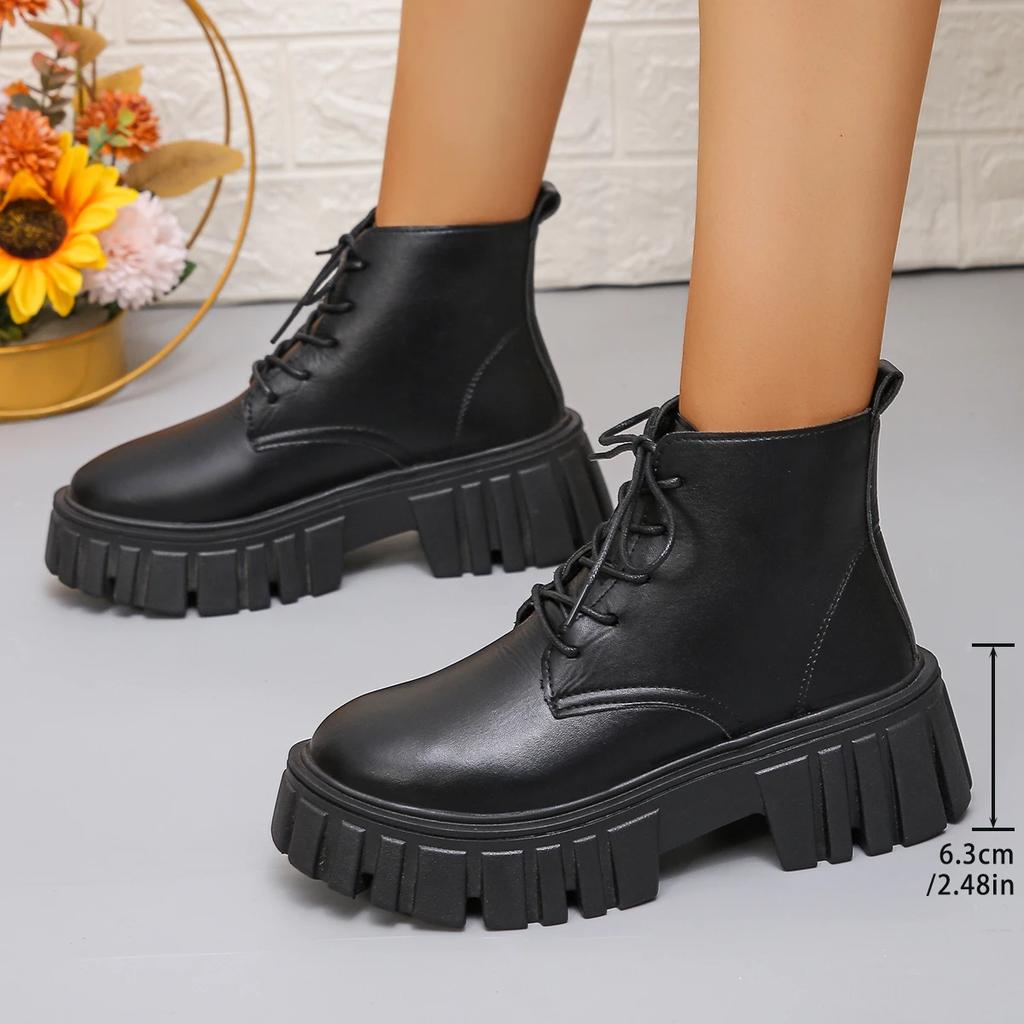 Осенние женские туфли на платформе, новые ботильоны с круглым носком, шнуровкой, на толстом каблуке, для женщин, прогулочная обувь, повседневные женские ботинки для активного отдыха