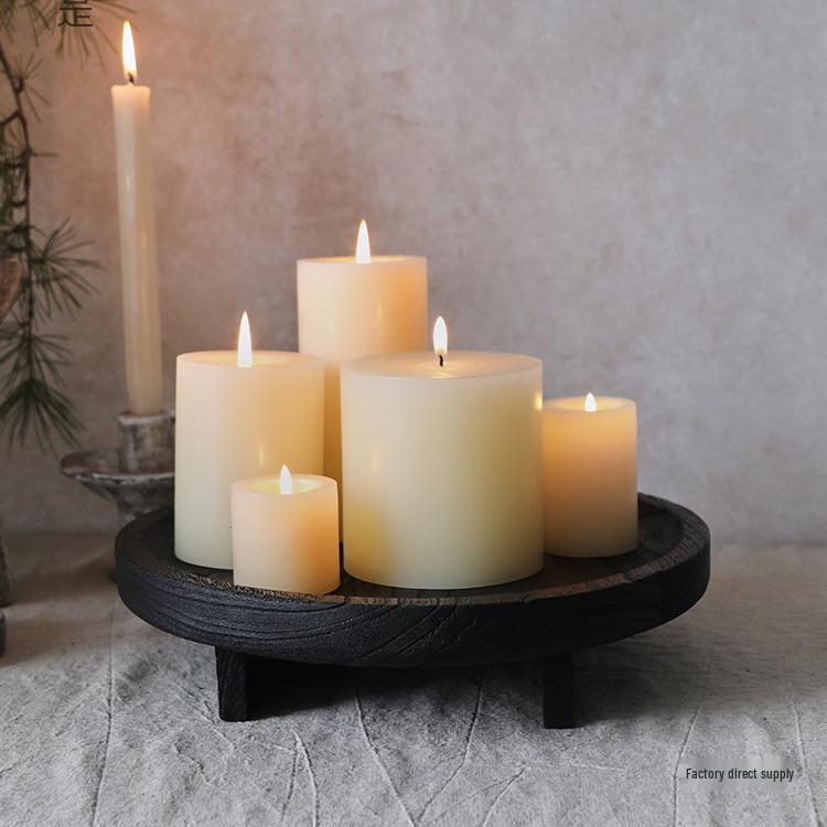 Wabi-Sabi Style Black Carbonized Wood Candlestick & Tray Set for Home or Hotel Decor