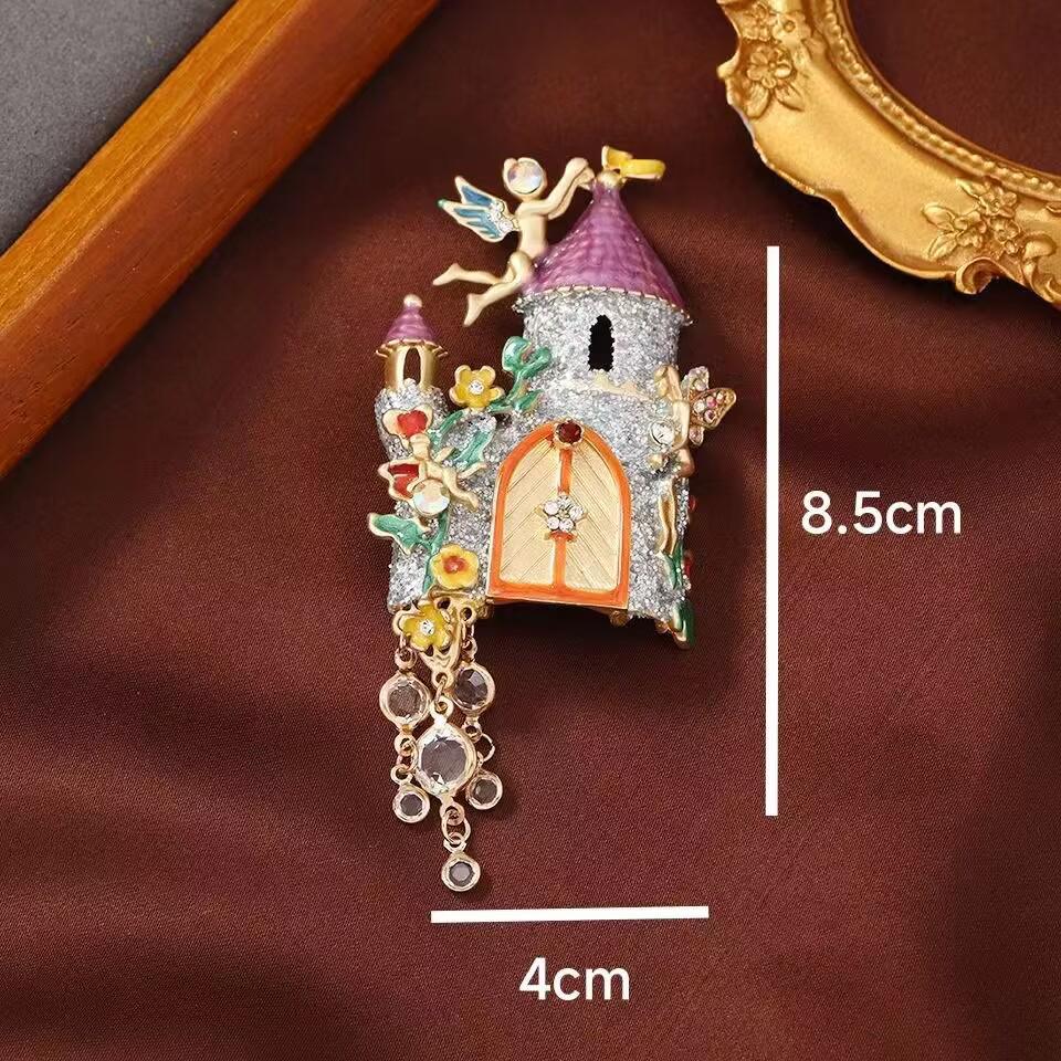 Vintage Fairy Tale Castle Brooch: Women's Luxury Tassel Pendant Pin