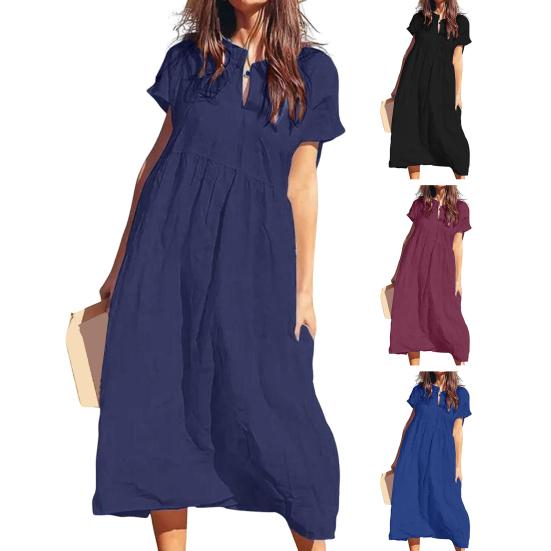 Women's Cotton Linen Maxi Dress Casual Short Sleeve V-Neck Sundress Loose Beach