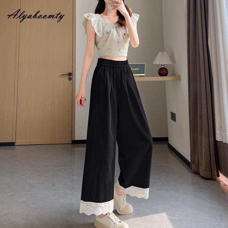 Корейский стиль весна-лето женские широкие брюки с высокой талией белые бежевые черные повседневные брюки кружевные пэчворк милые капри