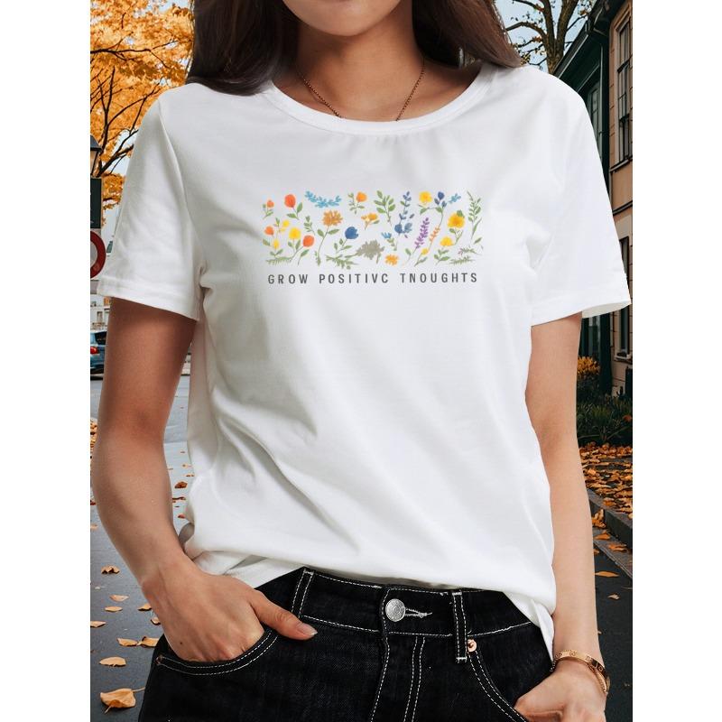 Women's Round Neck Short Sleeve T-Shirt Vibrant Wildflower Print Positive Thinking Growth Pattern Casual All-Season Top