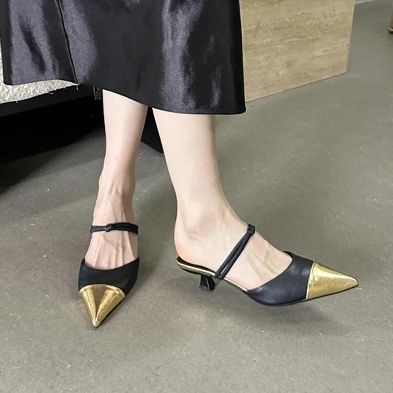Fashion Summer Sexy Pointy Toe Small Heel Slippers Women Fashion Mules Sandals for Women Back Hollow Covered Toe Design Slides Loafers