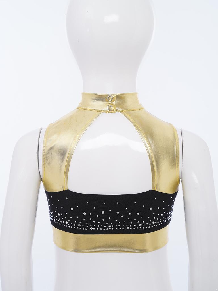 Детская танцевальная одежда Кроп-топ с воротником-стойкой Без рукавов Вырез на спине Блестящие стразы Металлик