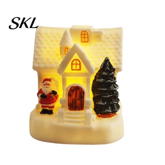 Santa Claus Relief Statue LED Lighted Christmas Village House Statue, Light Up Small Figurines with Xmas Tree Claus, Collectible Tabletop Decoration