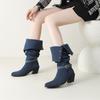 Women Knee High Long Boots Round Toe Chunky High Heels Buckle Pleated Gogo Boots Ladies Fashion Shoes Autumn Winter 43