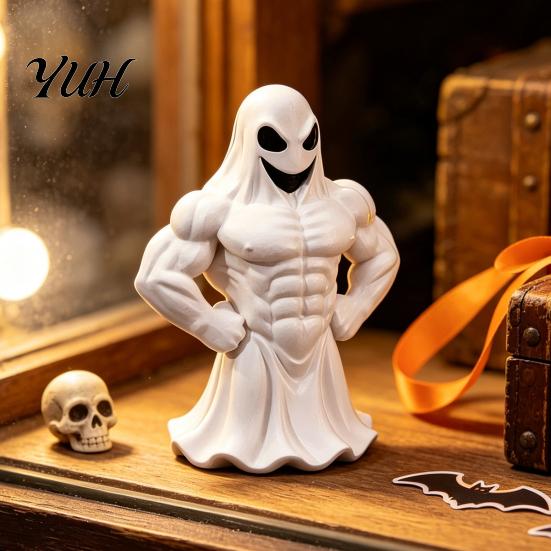 Collectible Art Piece 3D Printed Buff Ghost Figurine, Funny Muscle Desktop Indoor Party Decoration Ornament, Spooky Halloween Decor, Novelty