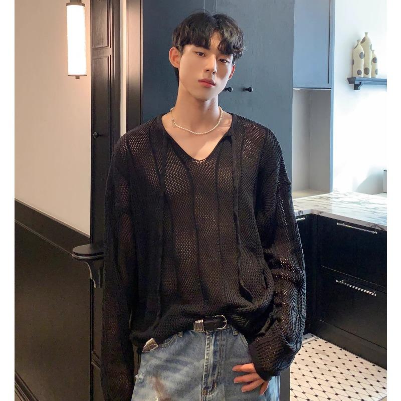 Korean Style V Neck Long Sleeve Knit Sweater For Men Loose Lazy Fashion