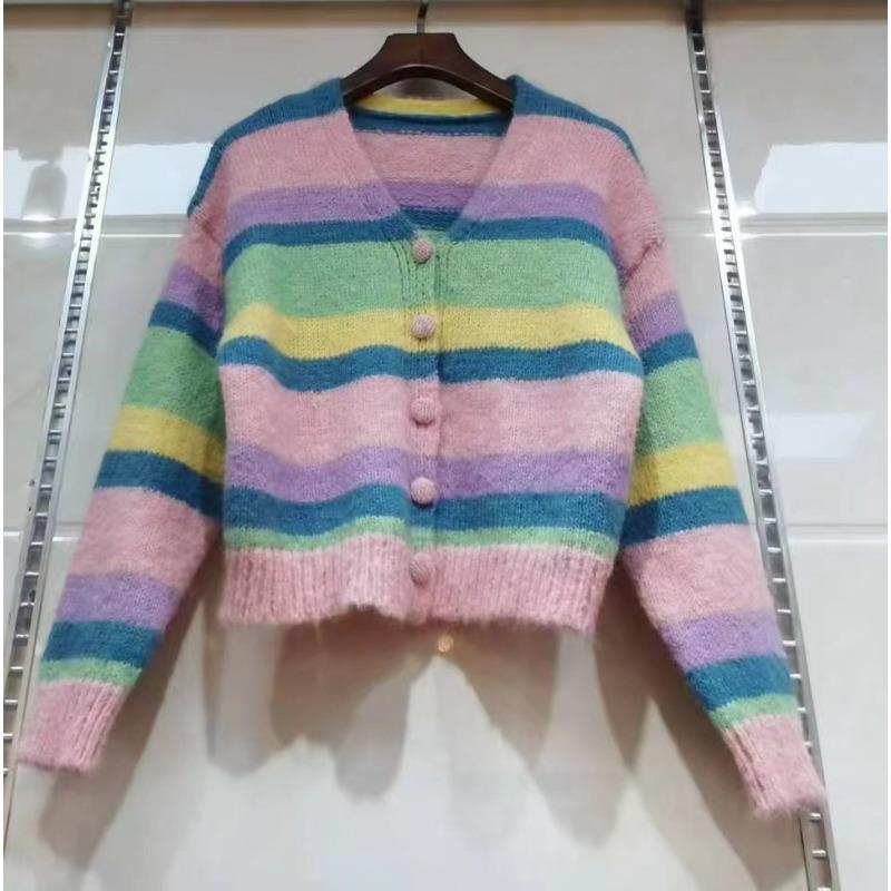 Женский осенне-зимний вязаный кардиган-свитер с V-образным вырезом и милой полоской