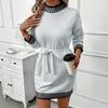 Новое осенне-зимнее универсальное повседневное платье-свитер с полувысоким воротником, декорированное полосками и выполненное в контрастных цветах, с длинными рукавами