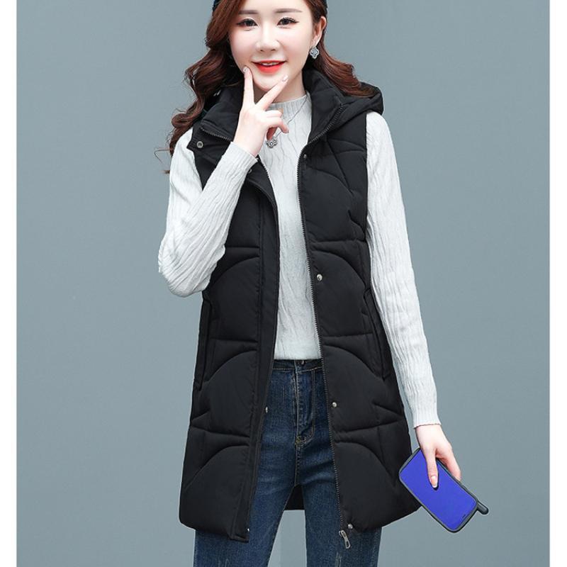 Осенне-зимняя женская однотонная свободная утолщенная теплая жилетка без рукавов средней длины с капюшоном, женская куртка