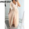 Autumn Solid Color Flared Sleeve Loose V-neck Floor-length Dress for Women