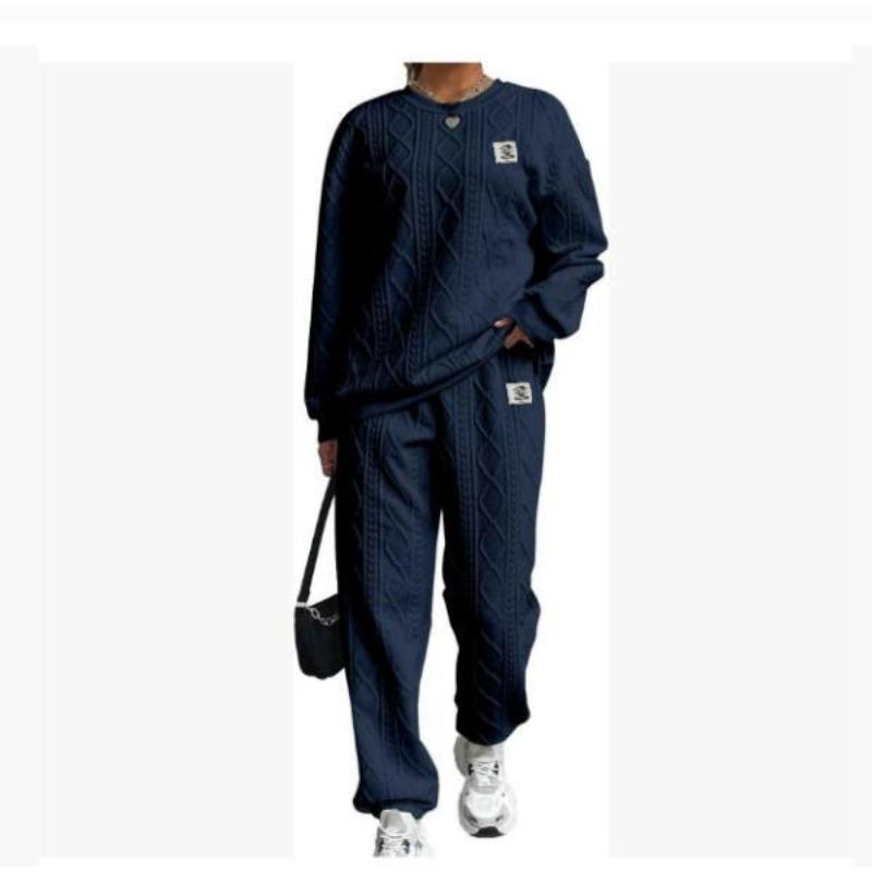 JKASHDK Женская мода повседневная весна осень однотонный принт длинный рукав О-образный вырез брюки брюки костюмы