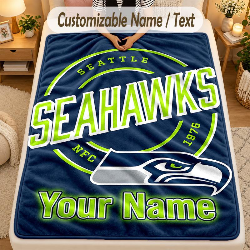 Flannel BlanketSeattle Seahawks Custom Name Text Personalized Soft Warm Throw Blanket Home Decor Gift