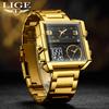 LIGE New Top Brand Luxury Fashion Men Watches Gold Steel Sports Square Digital Analog Big Quartz Watch for Man relogio masculino