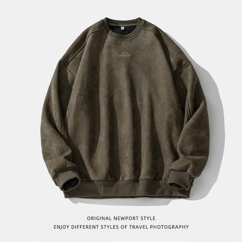 American retro heavy suede crew neck sweater men's spring new trendy brand loose casual couple top