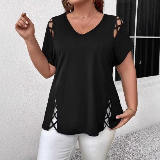 Женская летняя футболка с V-образным вырезом, коротким рукавом, однотонная, свободного кроя, повседневные топы с ажурным перекрестным дизайном