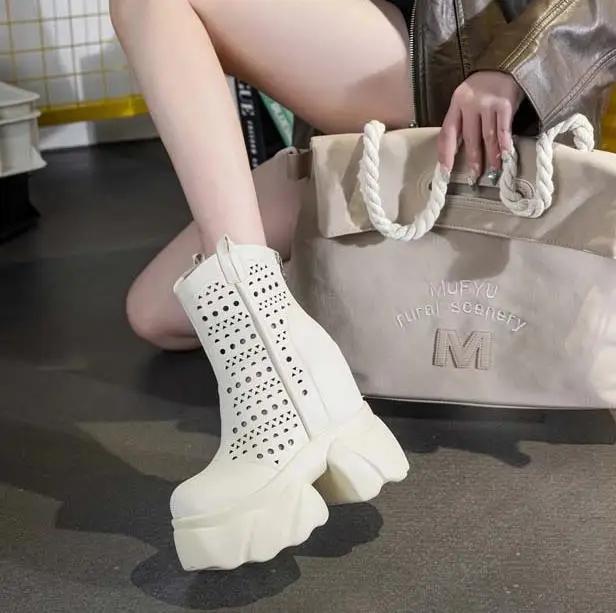 Fashion 12CM Ankle Booties Chimney Shoes Cow Genuine Leather Boots Women Motorcycle Platform Wedge Summer Ladies Fashion Moccasins