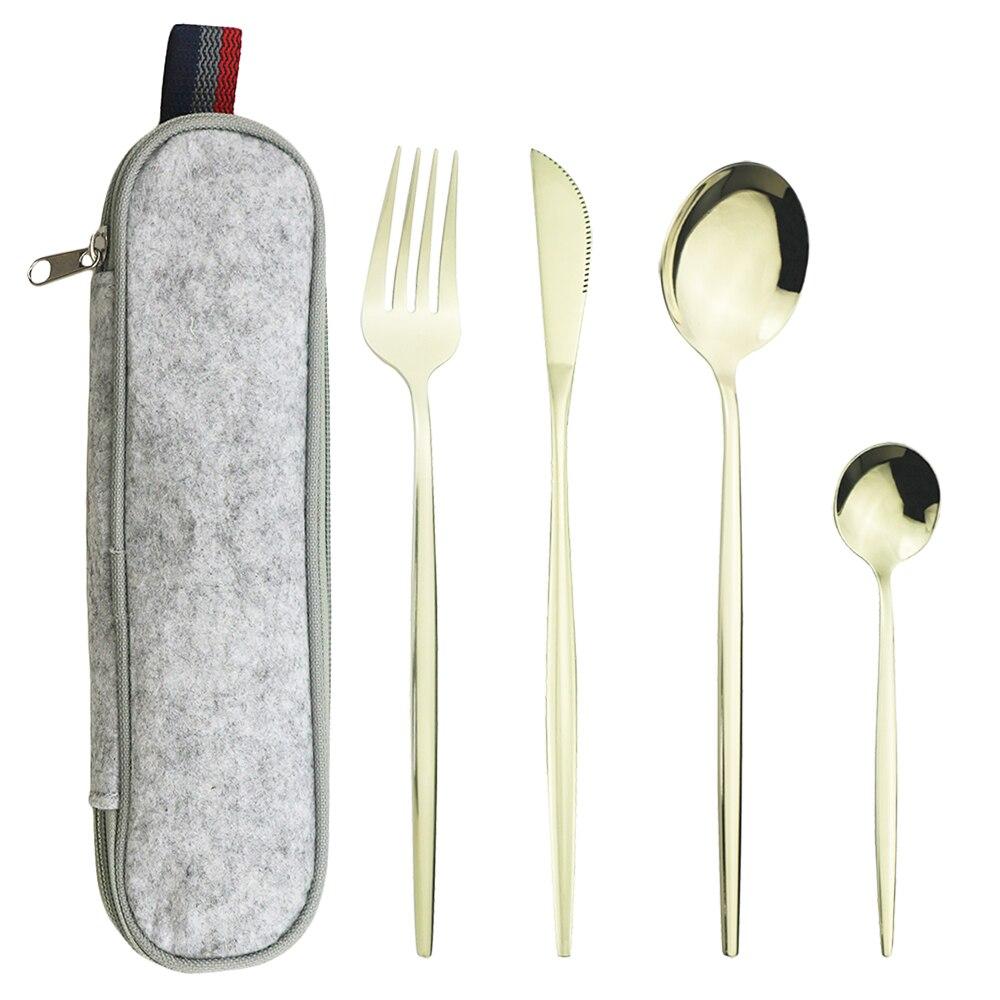 Мятно-зеленый, золотой набор столовой посуды, набор столовых приборов для кемпинга, нож, вилка, ложка с портативной серой сумкой, набор посуды из нержавеющей стали