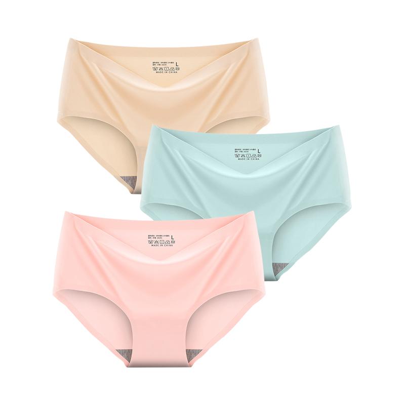 3 Pcs/Set Seamless Panties Silk Pamty Mid Waist Underwear Comfort Underpants Solid Invisible Briefs Female Lingerie