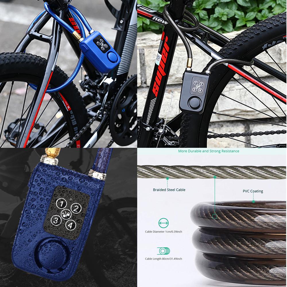 WSDCAM Bike Lock Anti-Theft Security Wireless Remote Control Alarm Lock 4-Digit Password Alarm IP55 Waterproof for Oudoor