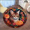 Ковер из хрустального бархата Тяжелый ковер из полиэстера, похожего на хрустальный бархат, Круглый коврик - Витражный кот и цветочный принт Нескользящий коврик