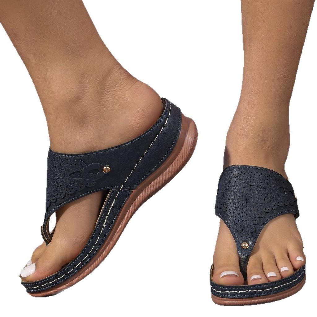 European and American large size solid color 2025 summer new round head thick bottom fashion casual outer wear herringbone sandals women