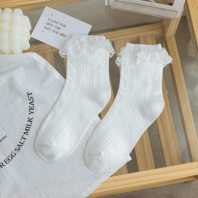 Lolita Style Japanese Kawaii Women Socks Cute Frilly Ruffle Socks Solid White Black Mesh Lace Girls Sweet Harajuku Short Socks