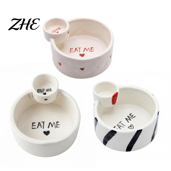 Dry And Wet Food Separator French Fries Bowl with Sauce Dipping Compartment, Heat Resistant Ceramic Snack Elegant Heart Shaped Server, Microwave Safe