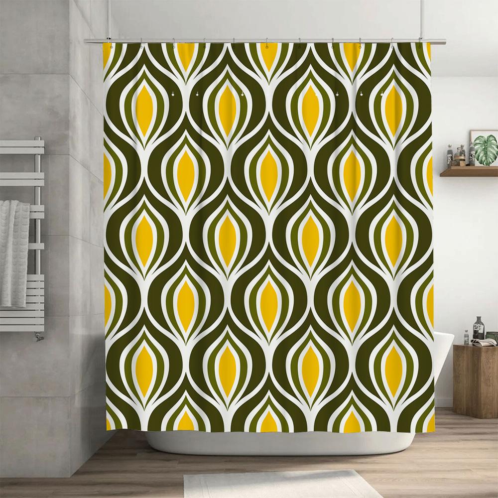 Modern Geometric Print Shower Curtain Waterproof for Bathroom Decor Olive Yellow Green White Colorful Bath Mat Liner Set Decorat