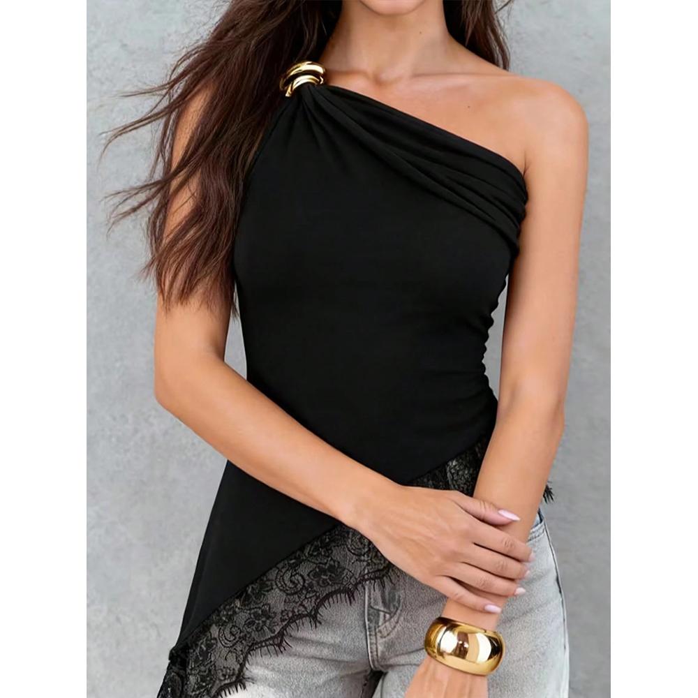 Women's One Shoulder Lace Tank Top Sleeveless Asymmetrical Ruched Y2K Going Out Tops