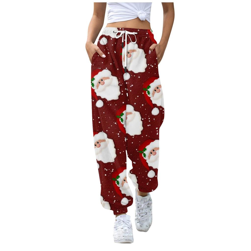 Женские повседневные брюки для отдыха с рождественским принтом, спортивные брюки, брюки с эластичной резинкой на талии, брюки с завязками на шнурке