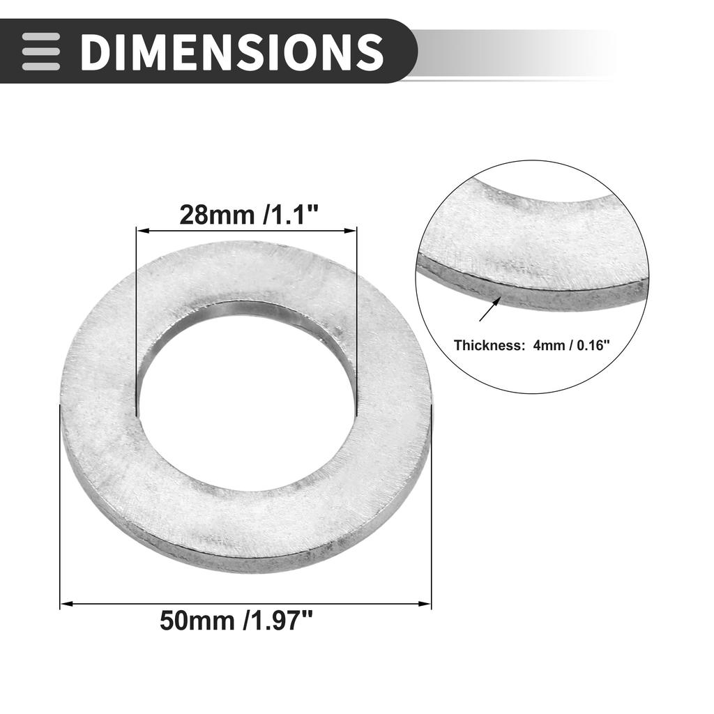 Motoforti Universal Flat Washers, 28mm Inner Diameter, 50mm Outer Diameter, 4mm Thick, Durable Stainless Steel, Silver Tone, 10-Pack